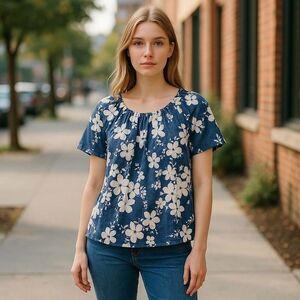 Floral Top Size Medium Blue Floral Ruffle Front Short Sleeve.   New